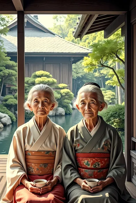 Two old Japanese women sitting side by side on the veranda of a Japanese house
