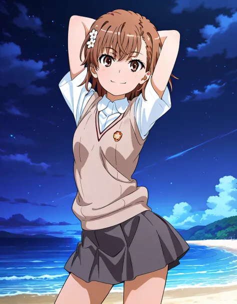 misaka mikoto, anime screencap, short hair, brown hair, hair ornament, hairpin, flower hairpin, hair flower, brown eyes, tokiwadai school uniform, white shirt, brown sweater vest, short sleeves, v-neck, skirt, high quality, solo, cowboy shot, (contrapposto...