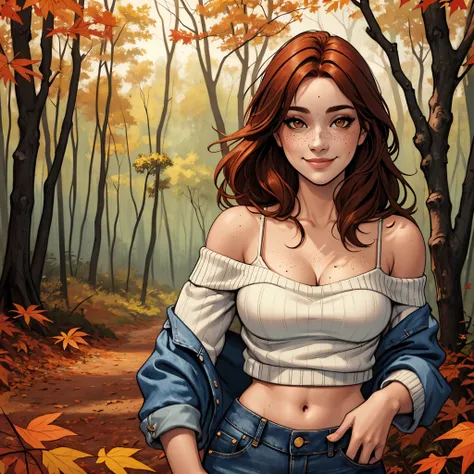 (masterpiece, highest quality, illustration), upper body, solo, woman, smile, long hair, auburn hair, brown eyes, freckles, midriff peek, cleavage, cropped sweater, off shoulder, spaghetti strap, jeans, outdoors, autumn, forest, facing the viewer, standing