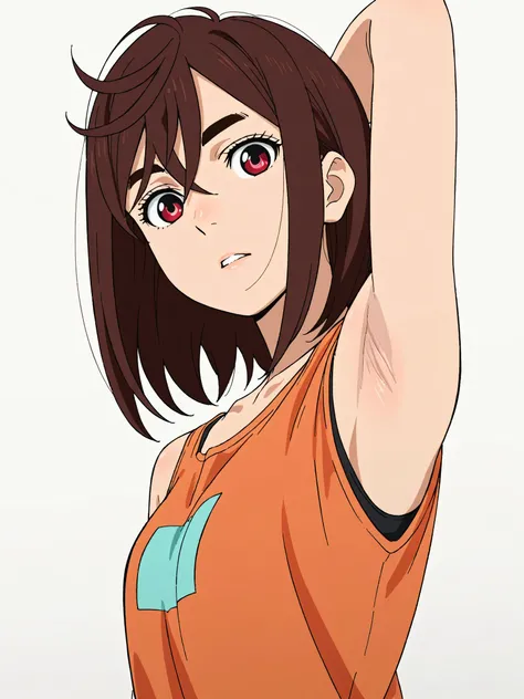 masterpiece, best quality, amazing quality, anime screencap, anime coloring, 1girl, solo, ChopioMomo, brown hair, short hair, hair between eyes, thick eyebrows, red eyes, bare shoulders, bare arms, orange shirt, arm behind head, armpit, armpit focus, head ...