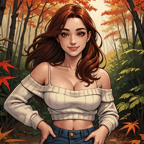 (masterpiece, highest quality, illustration), upper body, solo, woman, smile, long hair, auburn hair, brown eyes, freckles, midriff peek, cleavage, cropped sweater, off shoulder, spaghetti strap, jeans, outdoors, autumn, forest, facing the viewer, standing