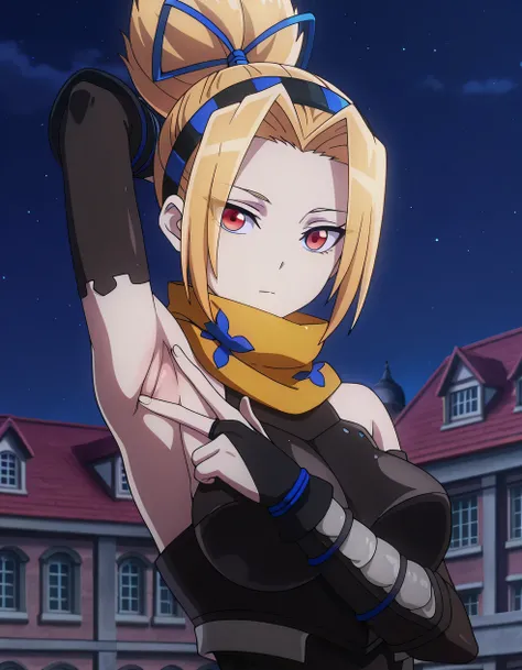 Tia, blonde hair, scarf, ninja, breasts, ribbon, blue ribbon, hair ribbon, red eyes, medium breasts, bare shoulders, armor, ponytail, anime coloring, high quality, closed mouth, solo, upper body, night sky, mansion, <lora:spread-armpit-illustriousxl-lora-n...