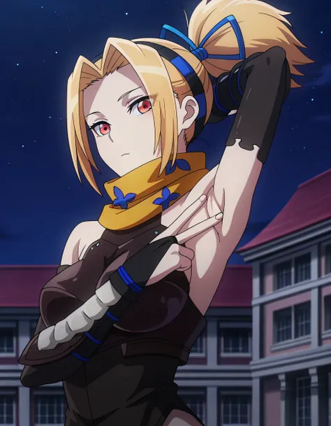 Tia, blonde hair, scarf, ninja, breasts, ribbon, blue ribbon, hair ribbon, red eyes, medium breasts, bare shoulders, armor, ponytail, anime coloring, high quality, closed mouth, solo, upper body, night sky, mansion, <lora:spread-armpit-illustriousxl-lora-n...