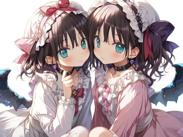  Two 18-year-old Japanese women snuggle up　Twins　cute　fluffy white blouse。The collar is decorated with delicate lace、袖はパフスリーブin少し膨らみがある。small pink ribbons are attached to the chest、まるinおとぎ話の主人公のよう。baby pink flared skirt。膝上丈in、The hem has multiple layers of...