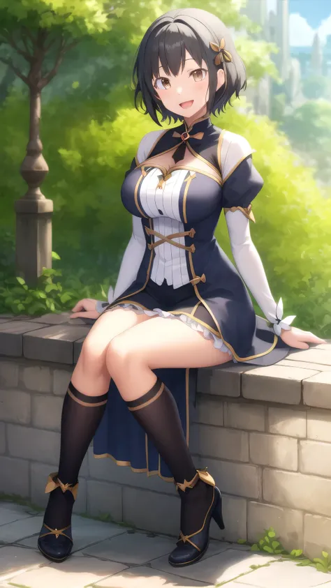 masterpiece, best quality, chica, looking at the viewer, Subaru Natsuki, black hair, brown eyes, big breasts, princess connect! Re:Dive:Diving cosplay , princess dress, Sitting, smile, open-mouthed, outdoor