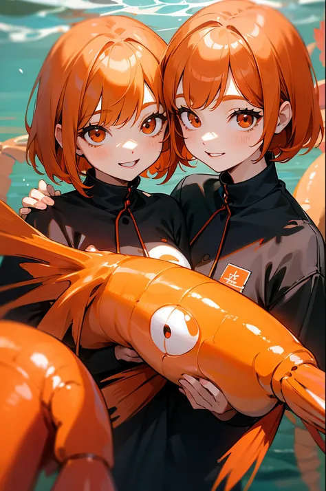 twin sisters、indistinguishable twins、hanging out、orange hair、bob hair、red round eyes、Big Smiles、Orange Clothes、 black inner shirt 、upper body close-up、In the water、There is a family of shrimp all around her