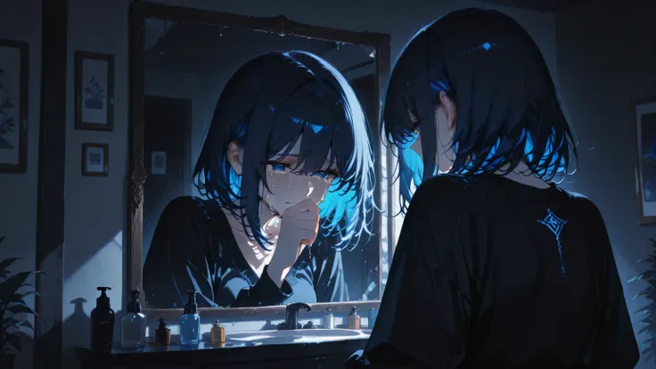 masterpiece, one girl, black medium hair, short cut, blue inner hair, asian, blue eyes, daily outfit, looking at the mirror, crying, sad, and heartbreaking moment, 