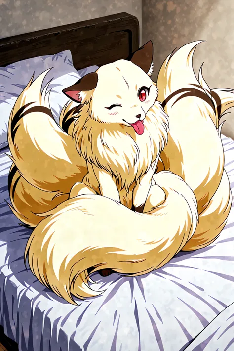 The  fluffy fur feral four leges non-humanlike ,no human transform  kirara with  many tails sitting down  and  licking in the  bed, wink red eye, full body,