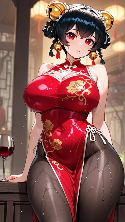 woman, Black hair, wine red eyes , for short hair, Hair braid, with a double hair bell, Wear a red Chinese-style dress,Wear black tights, big breasts,sexy, , show body proportions, Lin Lin, Wet , river background
