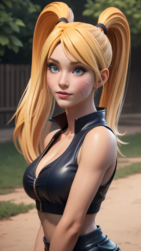 RAW digital art, ultra-realistic 3D render of a stunning woman resembling Naruko from Naruto, ((highly detailed face:1.3)), (flawless skin texture, naruto facial whisker makeup, very very long blonde pigtails: 1.2), expressive eyes with subtle reflections,...