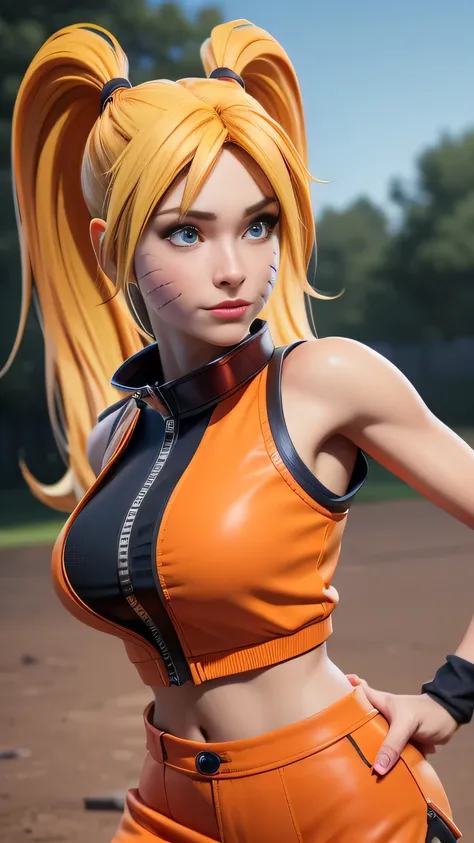 RAW digital art, ultra-realistic 3D render of a stunning woman resembling Naruko from Naruto, ((highly detailed face:1.3)), (flawless skin texture, naruto facial whisker makeup, very very long blonde pigtails: 1.2), expressive eyes with subtle reflections,...