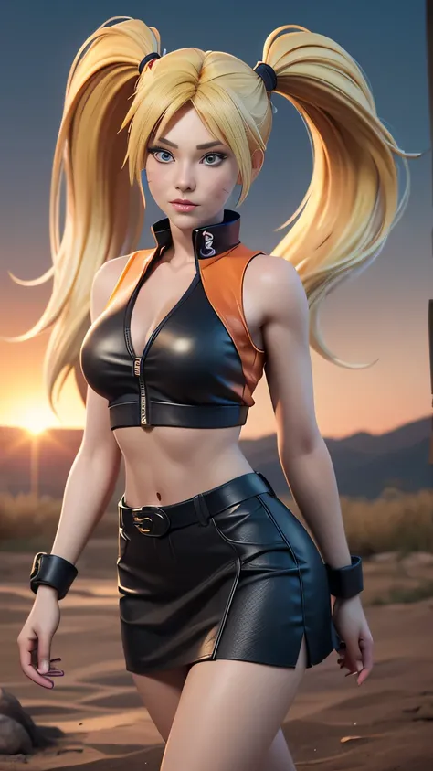 RAW digital art, ultra-realistic 3D render of a stunning woman resembling Naruko from Naruto, ((highly detailed face:1.3)), (flawless skin texture, naruto facial whisker makeup, very very long blonde pigtails: 1.2), expressive eyes with subtle reflections,...