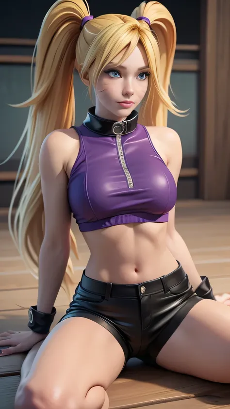 RAW digital art, ultra-realistic 3D render of a stunning woman resembling Naruko from Naruto, ((highly detailed face:1.3)), (flawless skin texture, naruto facial whisker makeup, very very long blonde pigtails: 1.2), expressive eyes with subtle reflections,...
