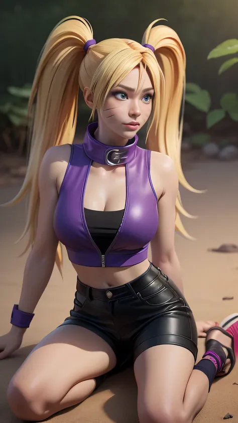 RAW digital art, ultra-realistic 3D render of a stunning woman resembling Naruko from Naruto, ((highly detailed face:1.3)), (flawless skin texture, naruto facial whisker makeup, very very long blonde pigtails: 1.2), expressive eyes with subtle reflections,...