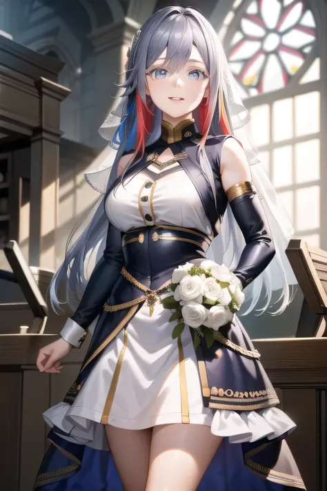 Woman with long yellow hair,,nice smile,don't trim your face because facial expression is the top priority,can you draw a woman in a wedding dress,I'm at church,standing in the teacher's house,alone,I have a bouquet,,, big breasts, thin waist , , ,Face...