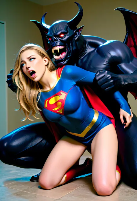 Melissa Benoist as Supergirl, she is defeated from fighting with a huge body devil, screaming in pain, she is kneeling and sexual assault by the devil, the devil is harassing her and rape her hardly, hyperrealism, realistic picture,