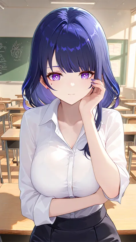 1 girl, From_Raiden Shogun\( Genshin\),JK Skirt,White,outdoor,teacher, classroom,Highly detailed, High Contrast, ray tracing, best lighting , cinematic composition, Pretty faces ,best quality, Beautiful eyes,Very beautiful, super resolution, detailed bac...