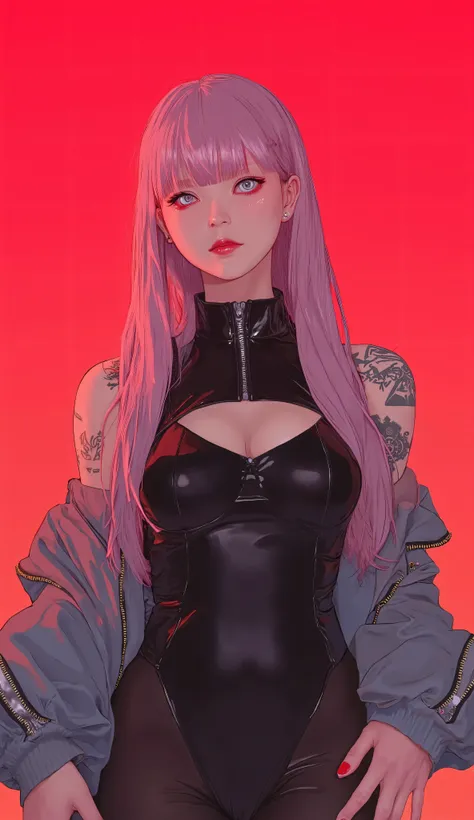 A beautiful fair-skinned Japanese woman with long hair and straight salmon-pink bangs, a rubberized black bodysuit, pink makeup on her cheeks, giving her a delicate and feminine look, red eyeliner, matte red nails, enhancing some aspects like shadows and s...