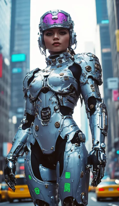 Isabela Merced as Robocop, futuristic cyborg police officer, sleek silver exosuit, stands confidently, modern cyberpunk city, neon reflections on her polished chrome armor, highly detailed suit, mechanical joints, reinforced plating, glowing accents, helme...