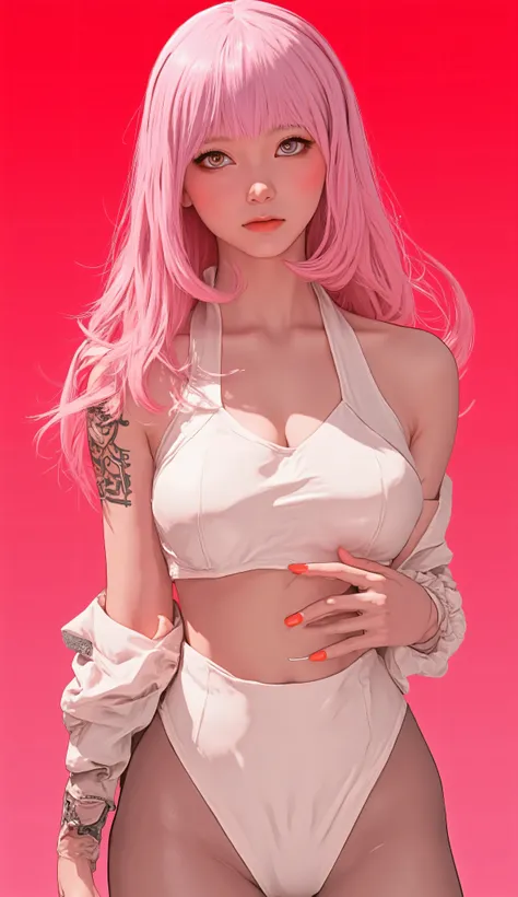 A beautiful Japanese woman with fair skin, long hair and straight salmon-pink bangs, large breasts, wearing a white bikini, pink makeup on her cheeks, which gives her a delicate and feminine look, red eyeliner, matte red nails, highlighting certain aspects...