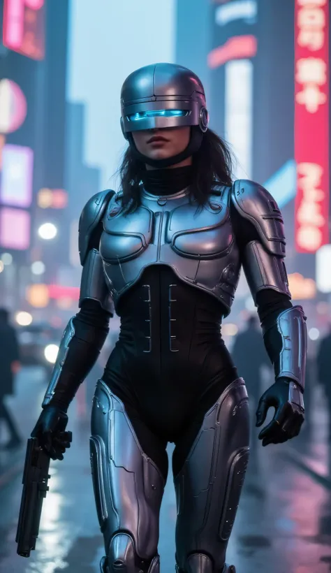 Isabela Merced as Robocop, futuristic cyborg police officer, wears a sleek silver and black armored exosuit, metallic plating, glowing blue visor, mechanical details on her arms and legs, face is partly visible, determined expression beneath the helmet, ho...