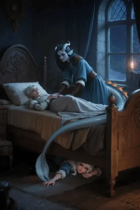 3 actors. Kedra A young woman with blue skin and black hair dressed in medieval blue babysitting clothes and brown medieval pants and boots is behind the bed and leaned over the bed. The tail lies on the bed and hangs from the bed.
On the bed pillow, cover...