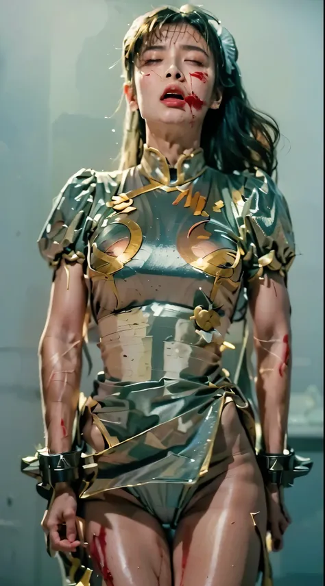 Lost in a battle with a strong enemy, it's limp, unconscious, expression of agony, Chun Li, pelvic curtainが上に捲れて銀色のレオタードが見えている, Both hands, hands, and legs hang downwards, hyper real, photo real, Realistic, ryona, high image quality, silver costume, damag...