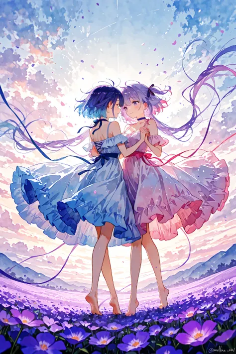 ultra highres, detailed art, finely detail, watercolor aesthetics, vibrant color palette, painterly style, masterpiece, ultra-detailed, best quality, Twin sisters dancing barefoot in a field of wildflowers, flowing ribbons swirling around them, watercolor ...