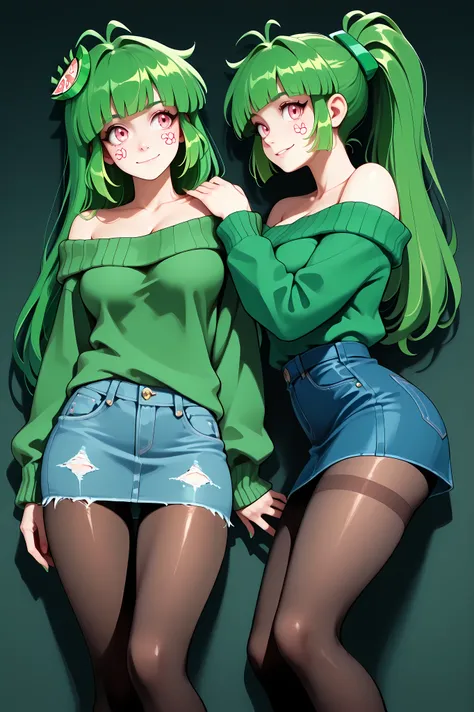 Vannamelon, long hair, green hair, ponytail, off shoulder sweater, denim skirt, mid-thigh high skirt, pantyhose,masterpiece,Highest Quality,,Twins,2girls,