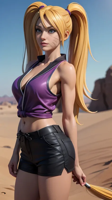 RAW digital art, ultra-realistic 3D render of a stunning woman resembling Naruko from Naruto, ((highly detailed face:1.3)), (flawless skin texture, naruto facial whisker makeup, very very long blonde pigtails: 1.2), expressive eyes with subtle reflections,...