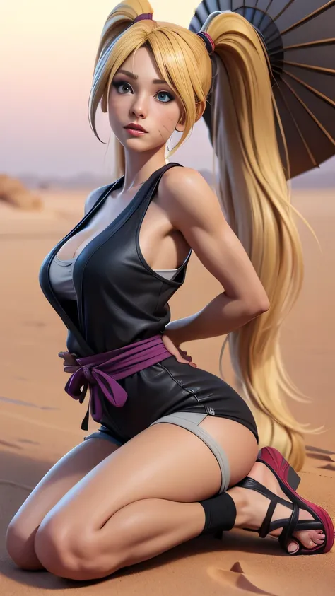 RAW digital art, ultra-realistic 3D render of a stunning woman resembling Naruko from Naruto, ((highly detailed face:1.3)), (flawless skin texture, naruto facial whisker makeup, very very long blonde pigtails: 1.2), expressive eyes with subtle reflections,...