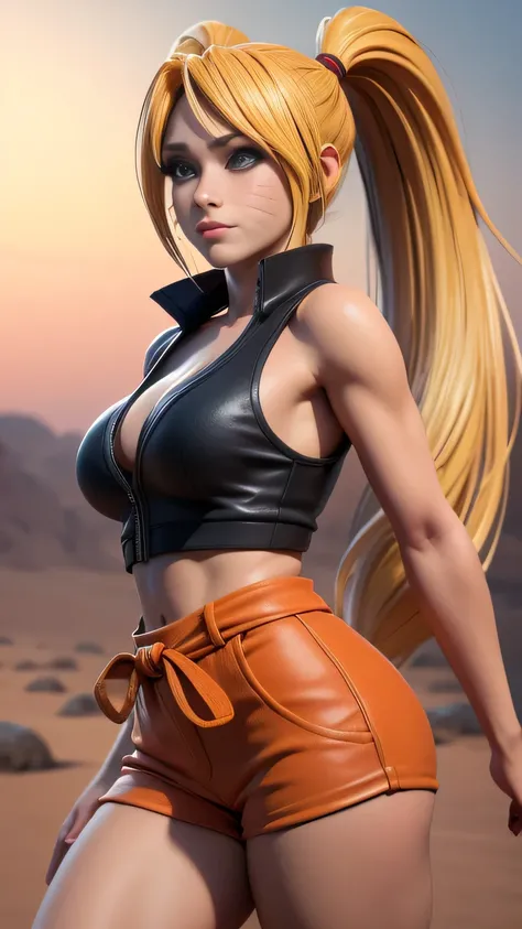 RAW digital art, ultra-realistic 3D render of a stunning woman resembling Naruko from Naruto, ((highly detailed face:1.3)), (flawless skin texture, naruto facial whisker makeup, very very long blonde pigtails: 1.2), expressive eyes with subtle reflections,...