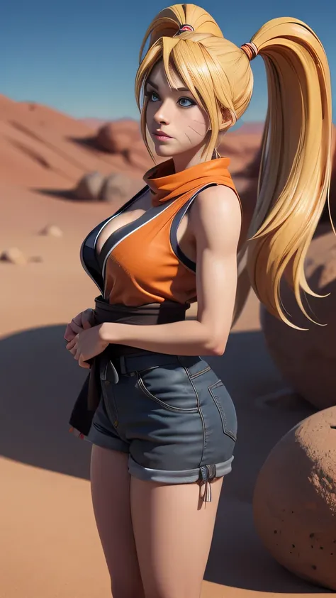 RAW digital art, ultra-realistic 3D render of a stunning woman resembling Naruko from Naruto, ((highly detailed face:1.3)), (flawless skin texture, naruto facial whisker makeup, very very long blonde pigtails: 1.2), expressive eyes with subtle reflections,...