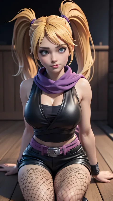 RAW digital art, ultra-realistic 3D render of a stunning woman resembling Naruko from Naruto, ((highly detailed face:1.3)), (flawless skin texture, naruto facial whisker makeup, very very long blonde pigtails: 1.2), expressive eyes with subtle reflections,...