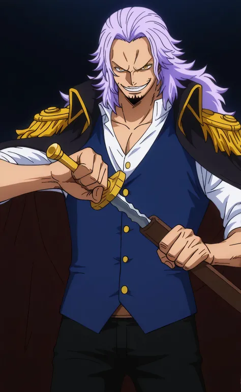 1male,solo,Gildarts Clive,light purple hair,long hair,yellow eyes,evil grin,muscle,black pirate coat,white shirt,dark blue vest,black pants,cutlass blade,Unsheathing,bar,pirate,male focus,
One Piece Anime Style