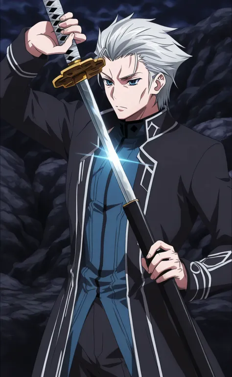 1man,solo,Vergil,silver hair,short hair,slicked-back hair,blue eyes,grim,black coat,big muscle,1katana sword,Unsheathing,underworld,Highschool DxD Style
