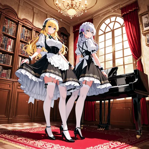 Japanese Pretty Girls。what she wears、A perfect fusion of cuteness and elegance attire。 The base is jet black satin、 Shines brightly in response to light 。 pale cream damask wallpaper spreads on the wall、 and a large white ribbon gracefully tied to the back...