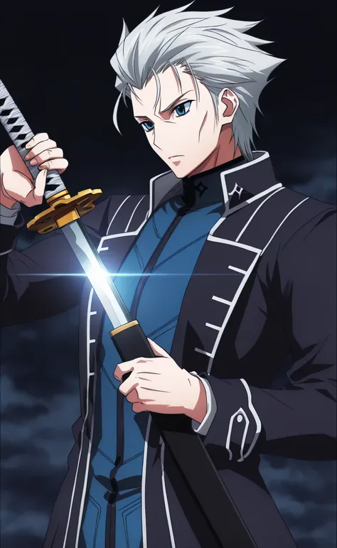 1man,solo,Vergil,silver hair,short hair,slicked-back hair,blue eyes,grim,black coat,big muscle,1katana sword,Unsheathing,underworld,Highschool DxD Style