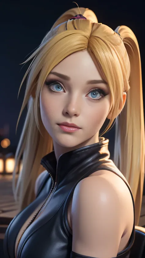 RAW digital art, ultra-realistic 3D render of a stunning woman resembling Naruko from Naruto, ((highly detailed face:1.3)), (flawless skin texture, naruto facial whisker makeup, very very long blonde pigtails: 1.2), expressive eyes with subtle reflections,...