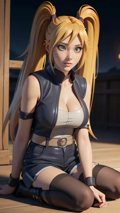 RAW digital art, ultra-realistic 3D render of a stunning woman resembling Naruko from Naruto, ((highly detailed face:1.3)), (flawless skin texture, naruto facial whisker makeup, very very long blonde pigtails: 1.2), expressive eyes with subtle reflections,...