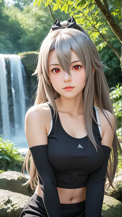 1girl, solo,eydish,red eyes,gray hair,(long hair:1.5),outdoors,potrait,medium breast,forest,(half body:1.4),front view,sitting under waterfall,waterfall background,looking at viewer,hair between eyes,wear dress,navel,bare shoulders,black glove,(wear tankto...