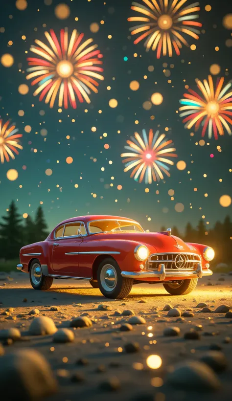 high quality realistic 3d rendering,precise texture,Sparkling night view,Deep Colors,sophisticated composition,charming atmosphere,Delicate Details,Exquisite Bokeh ,masterpieces,car,Lots of fireworks,red classic car