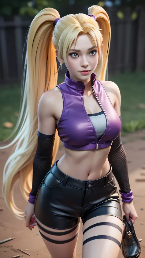 RAW digital art, ultra-realistic 3D render of a stunning woman resembling Naruko from Naruto, ((highly detailed face:1.3)), (flawless skin texture, naruto facial whisker makeup, very very long blonde pigtails: 1.2), expressive eyes with subtle reflections,...