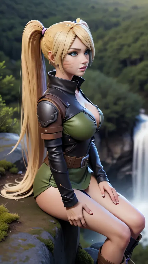 RAW digital art, ultra-realistic 3D render of a stunning woman resembling Naruko from Naruto, ((highly detailed face:1.3)), (flawless skin texture, naruto facial whisker makeup, super long floor length blonde pigtails: 1.2), expressive eyes with subtle ref...