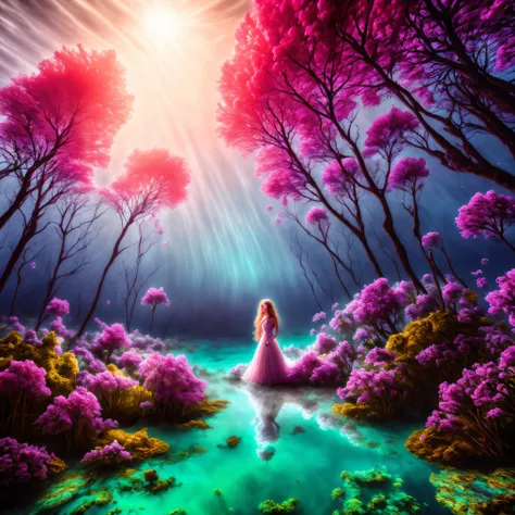 Underwater, bubbles from the deep, enhanced by ring art, purple flowers underwater, a bridge over old skeletons, waves of horror pink reverberate through the water, psychedelic, organic growth, twisted human woman in a white dress walks over the underwater...