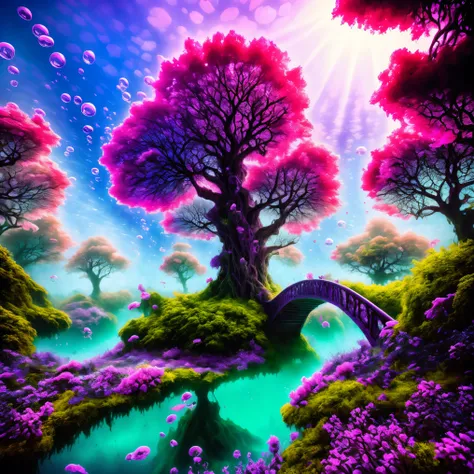 Underwater, bubbles from the deep, enhanced by ring art, purple flowers underwater, a bridge over old skeletons, waves of horror pink reverberate through the water, psychedelic, organic growth, twisted human woman in a white dress walks over the underwater...