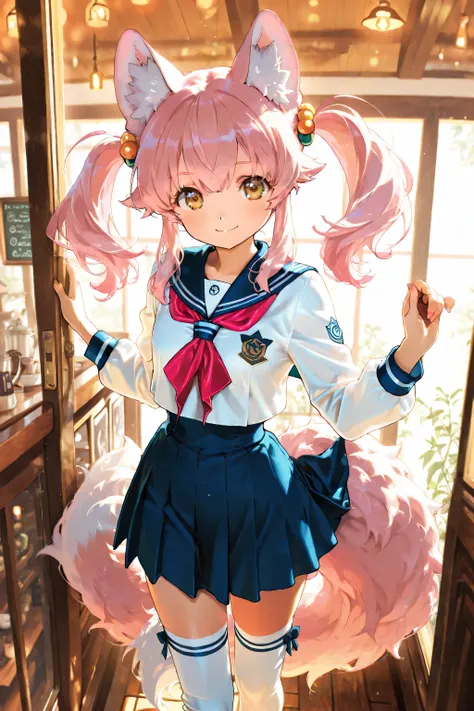 masterpiece, ultra high definition, Exquisite Details, Beast Girl, Fluffy Wolf Ears and Tails, twin tails, pink hair, Smile Yan, Girl in uniform, sailor suit, Overflowing Advance, leg wear, accessories, Cafe Background, Warm Atmosphere, Deformed, Afterscho...