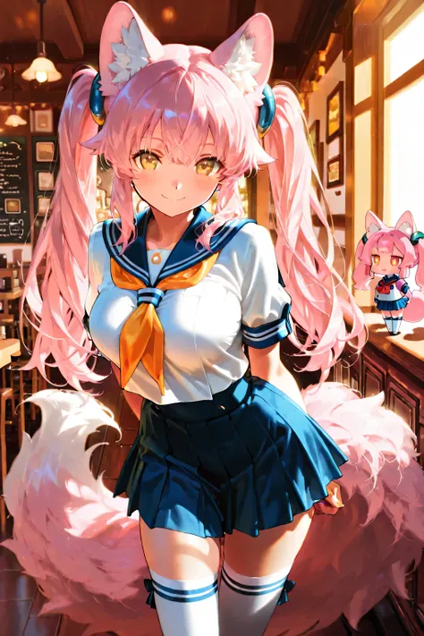 masterpiece, ultra high definition, Exquisite Details, Beast Girl, Ample and beautiful breasts,Fluffy Wolf Ears and Tails, twin tails, pink hair, Smile Yan, Girl in uniform, sailor suit, Overflowing Advance, leg wear, accessories, Cafe Background, Warm Atm...