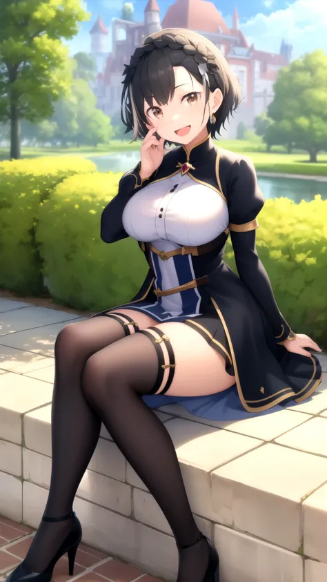 Masterpiece, Best Quality, girl, looking at viewer, Subaru Natsuki, Black hair, Brown Eyes, large breasts, princess connect Re:Dive cosplay, princess Dress, sitting, smile, open mouth, outdoors