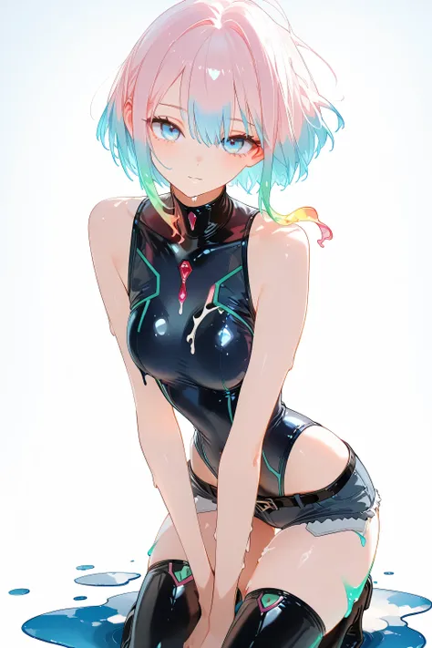 luc13dg3runn3r transformation melting, fully melted:1.0, melt into a puddle:1.0, multicolored hair, short hair, solo, blue eyes, turtleneck leotard, short shorts, thighhighs,3DMM,high definition eyes,detailed eyes, ultra high detail,
